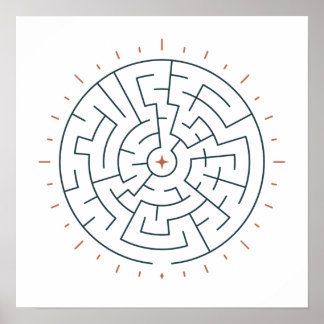 Affiche Labyrinthe Solaire Soleil en Bleu-vert et Terracot