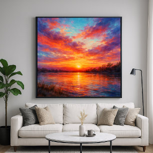 Affiche Lac au coucher du soleil - Peinture au style paste