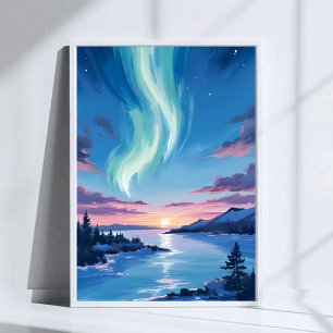 Affiche Lac Aurore Boréale Paysage de Nuit Enchanté