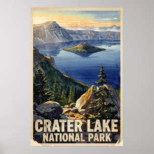 Affiche Lac Crater National Park Aquarelle Rétro