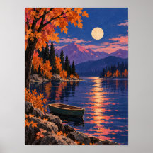 Lac d'automne au clair de lune avec bateau à rames