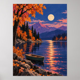 Affiche Lac d'automne au clair de lune avec bateau à rames