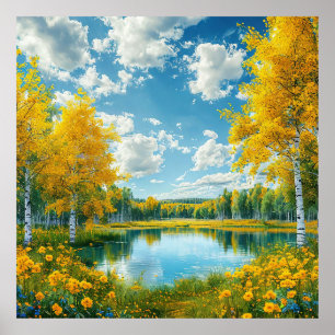 Affiche Lac d'automne avec vue calme sur un arbre doré Nat