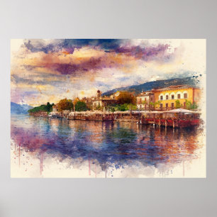 Affiche Lac de Garde (Lago di Garda) - Aquarelle éclabouss