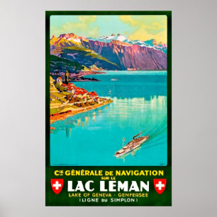 Affiche Lac de Genève, vue aérienne, Suisse, vintage