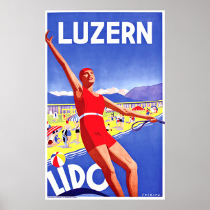 Affiche Lac de Lucerne, lido, skieur aquatique, voyage vin