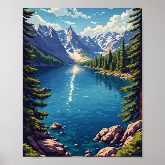 Affiche Lac de montagne avec forêt de pins et rive rocheus