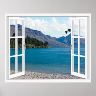 Affiche Lac de montagne calme vue de fenêtre artificielle