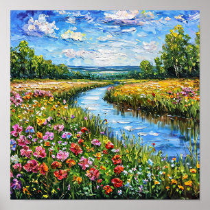 Affiche Lac et champ de fleurs Paysage serein de la nature