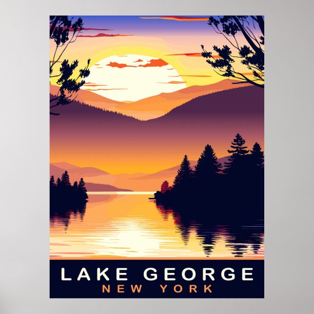 Affiche Lac George, NY, Coucher de soleil romantique, Voya (Devant)