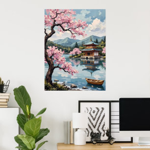 Affiche Lac japonais avec fleurs de cerisiers