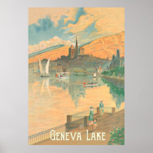 Affiche Lac Léman, Gens sur une promenade, Suisse