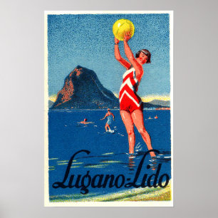 Affiche Lac Lugano, plage, fille avec balle de plage, vint