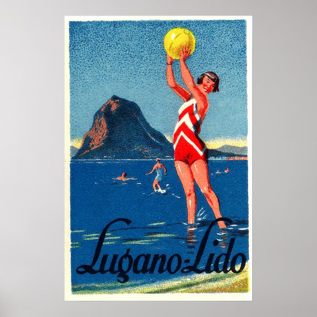 Affiche Lac Lugano, plage, fille avec balle de plage, vint (Devant)