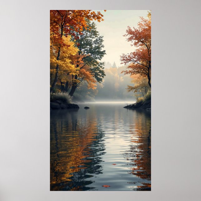 Affiche lac paisible entouré d'arbres d'automne (Devant)