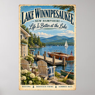 Affiche Lac Rétro Winnipesaukee New Hampshire Voyage