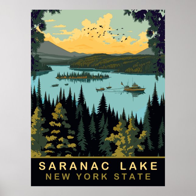 Affiche Lac Saranac, NY, Voyage Ancien (Devant)