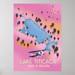 Affiche Lac Titicaca, Pérou, Bolivie carte du lac art de v