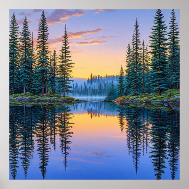 Affiche Lac tranquille de la forêt au coucher du soleil (Devant)