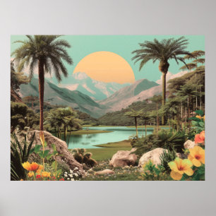 Affiche Lac Tropical Surreal Avec Palmiers