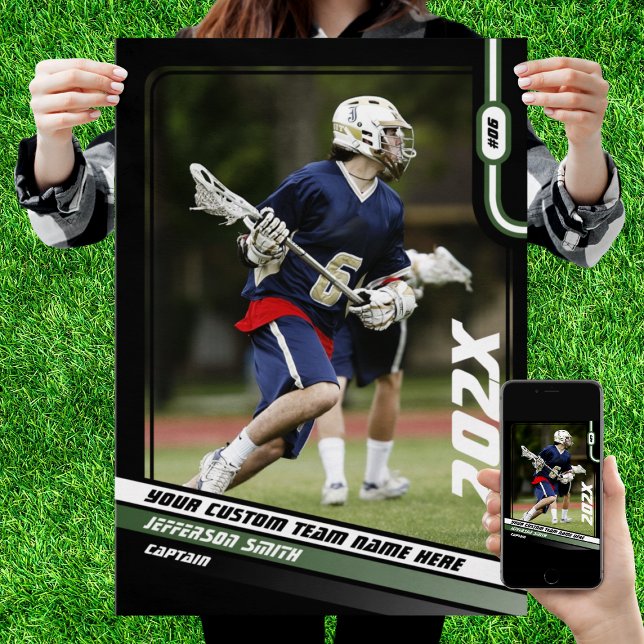 Affiche Lacrosse Player cadeau personnalisé en vert (Lacrosse Player Poster in Black with Custom Team Name and Green White Elements)