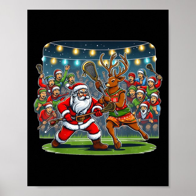 Affiche Lacrosse Player Christmas Santa Reindeer Playing L (Devant)