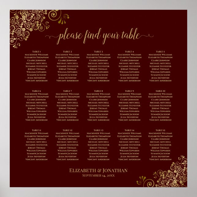 Affiche Lacy Gold 15 Table Wedding Seating Chart Auburn (Devant)