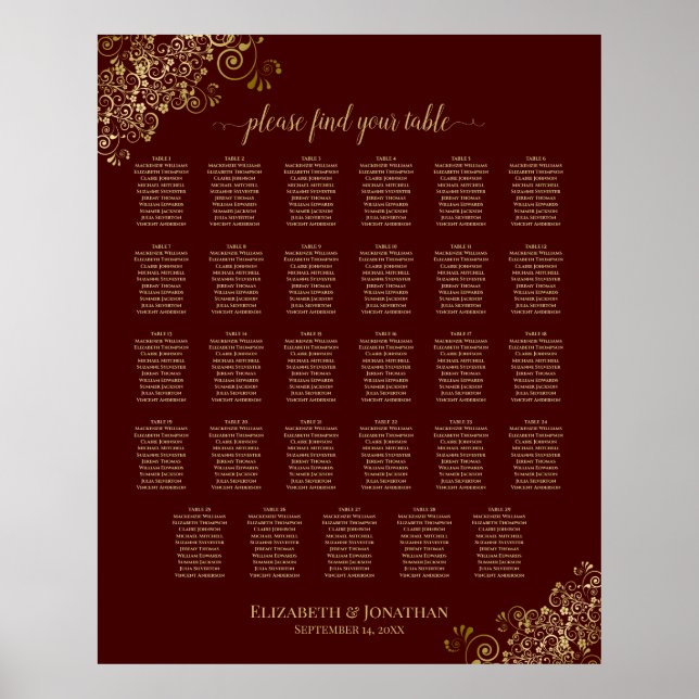 Affiche Lacy Gold 29 Table Wedding Seating Chart Auburn (Devant)