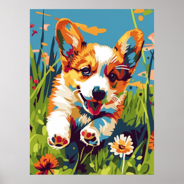 Affiche L'adorable Chibi Corgi Puppy Running à Garden Post (Devant)