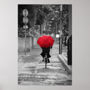 Affiche Lady Cycliste avec parapluie rouge, Florence, Ital