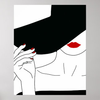 Affiche Lady En Casquette Noir Avec Rouge Lin Line Art