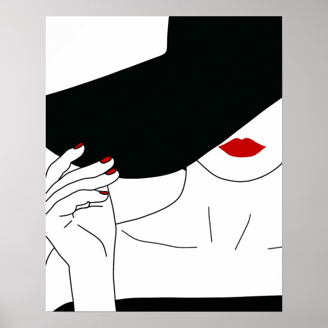 Affiche Lady En Casquette Noir Avec Rouge Lin Line Art (Devant)