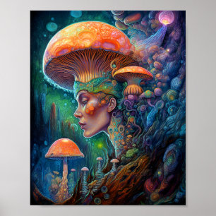 Affiche Lady Et Champignons Surreal Imaginaire Art