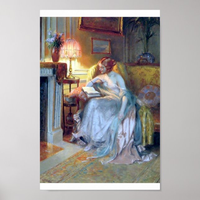 Affiche Lady lecture près de la lampe. (Devant)