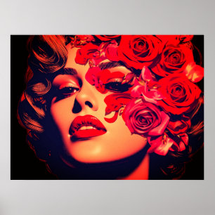 Affiche L'affiche d'une femme au visage fleuri sur un mur