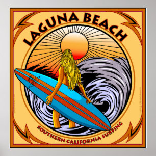 AFFICHE LAGUNA BEACH SURFANT LA CALIFORNIE