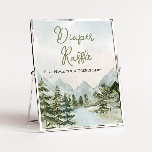 Affiche Laisser l'aventure commencer Woodland Diaper Raffl (Forest Baby Shower Diaper Raffle Sign)