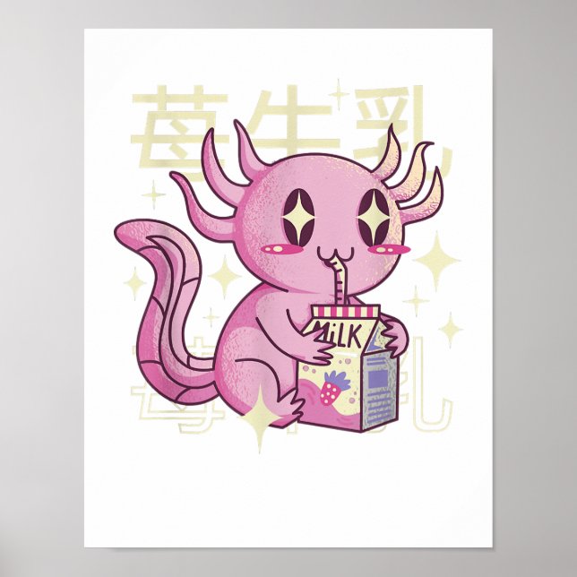 Affiche Lait de fraise Axolotl Style japonais Kawai (Devant)