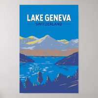 Lake Geneva Suisse Travel Art Vintage