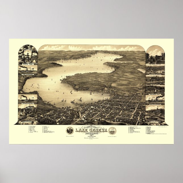 Affiche Lake Geneva, WI Panoramic Map - 1882 (Devant)