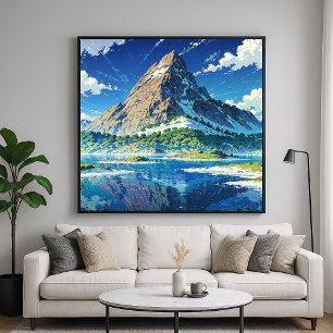 Affiche Lakeside Mountain - Style d'illustration coloré