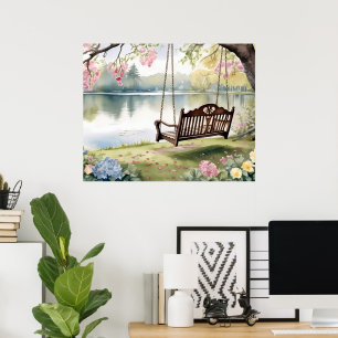 Affiche Lakeside Swing dans le jardin d'aquarelle romantiq
