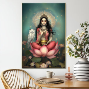 Affiche Lakshmi Déesse Hindoue de la Prospérité Hibou Lotu