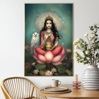 Affiche Lakshmi Déesse Hindoue de la Prospérité Hibou Lotu