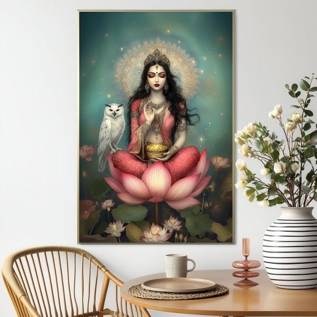 Affiche Lakshmi Hindu Goddess of Prosperity Owl Lotus (Créateur téléchargé)