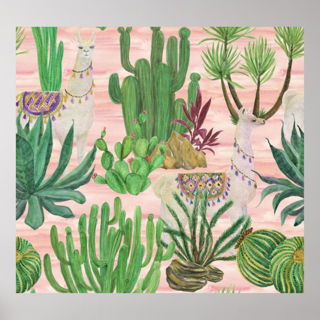 Affiche Lamas aquarelle et motif cactus. (Devant)