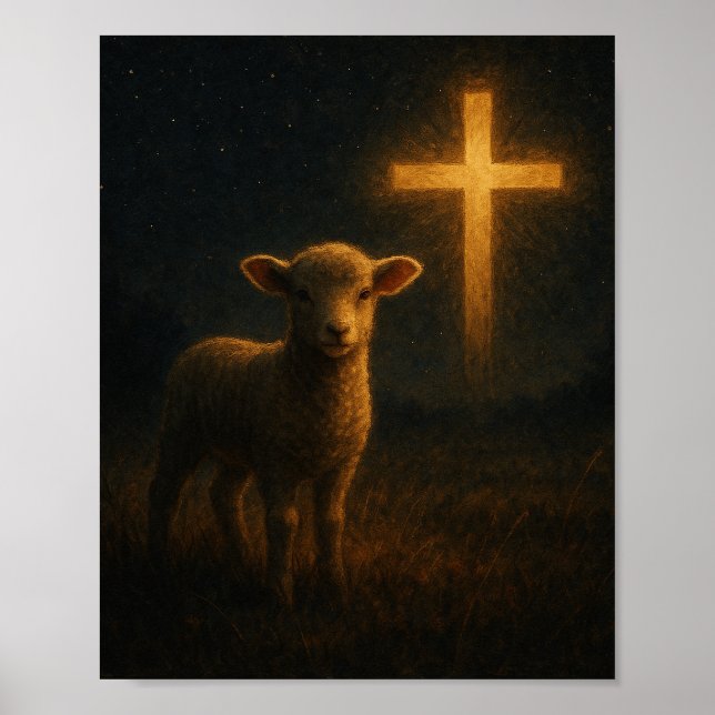 Affiche Lamb Under the Cross Christian Night Scene Art (Devant)