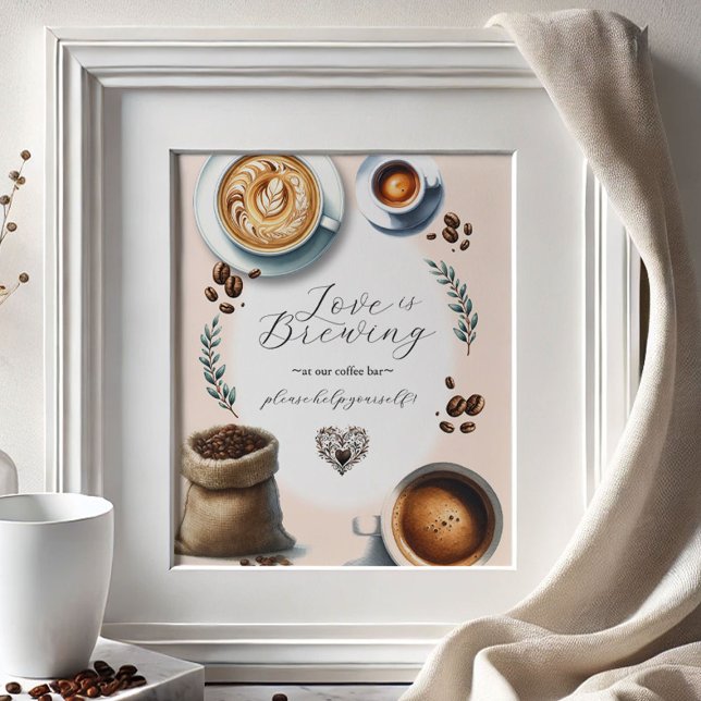 Affiche L'amour brasse Café Bar Panneau de table (Bridal shower supplies coffee bar sign Love is Brewing theme)