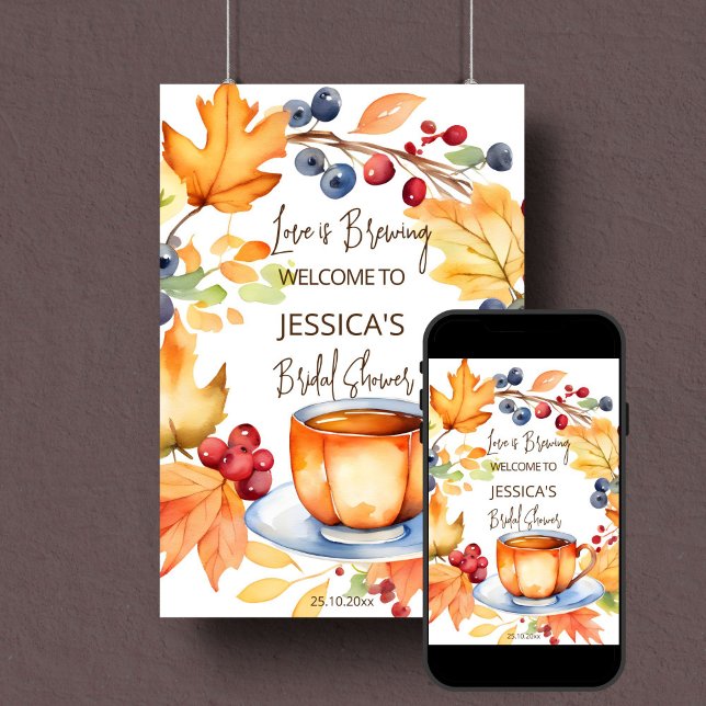 Affiche L'amour brasse l'automne nuptiale douche signe de  (Love is brewing fall bridal tea party bridal shower template welcome sign poster digital download)