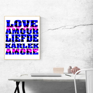 Affiche L'amour dans de nombreuses langues Coeurs roses bl